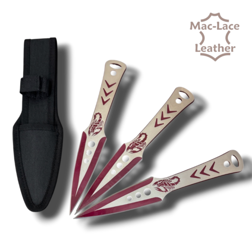 Three 228mm Aeroblades red stainless-steel throwing knives with scorpion design and black nylon sheath