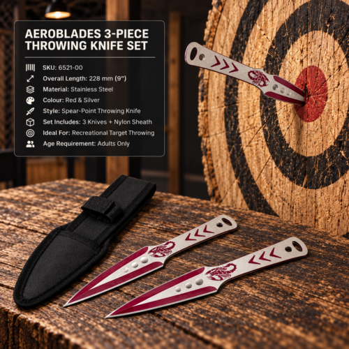 Three 228mm Aeroblades red stainless-steel throwing knives with scorpion design and black nylon sheath