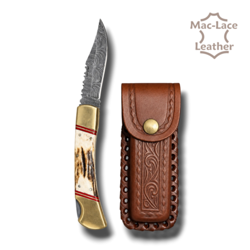 Damascus folding pocket knife with a wood-and-horn handle, brass bolster, pins and spacers
