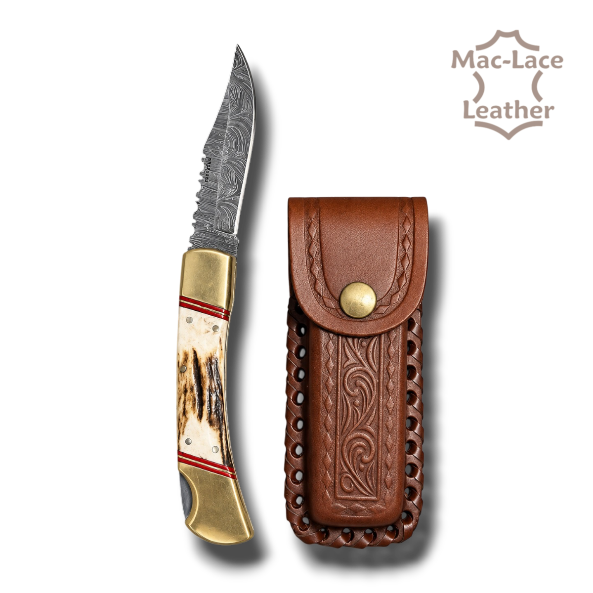 Damascus folding pocket knife with a wood-and-horn handle, brass bolster, pins and spacers