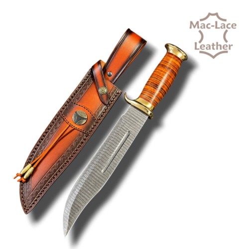 Iron Maiden Damascus Hunting Knife with Leather Sheath – 6531-00