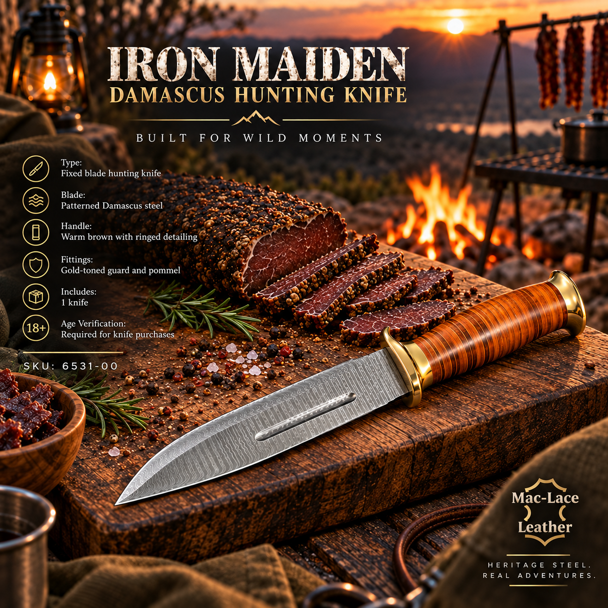 Iron Maiden Damascus Hunting Knife with Leather Sheath – 6531-00