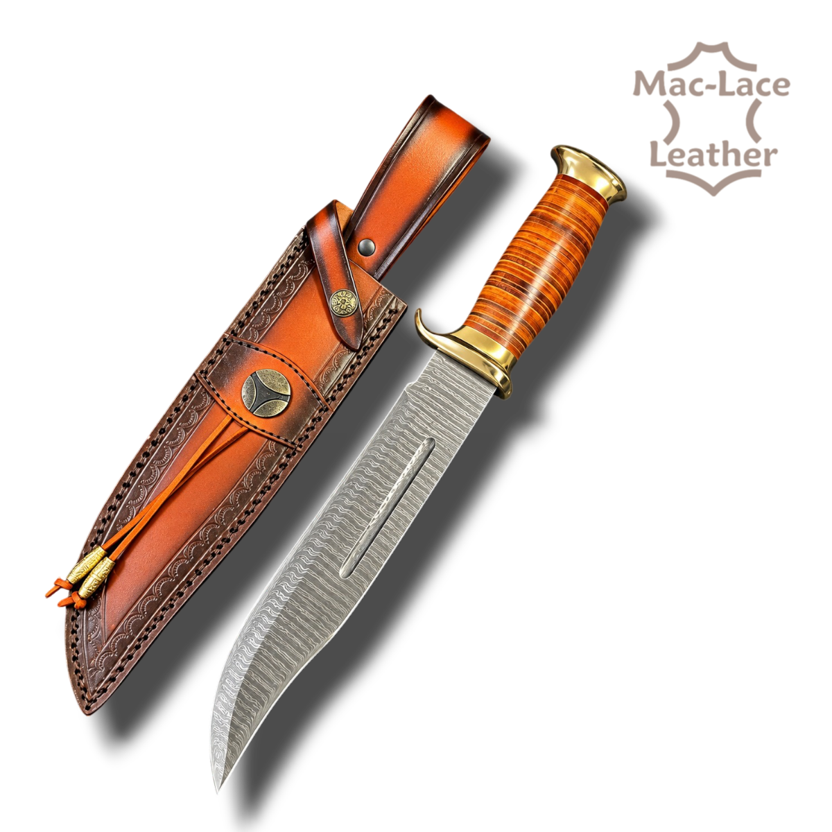 Iron Maiden Damascus Hunting Knife with Leather Sheath – 6531-00