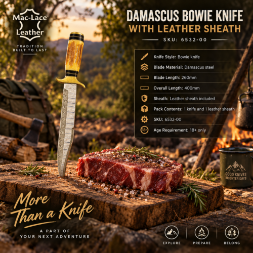 Damascus Bowie knife with a 260mm blade and 400mm overall length