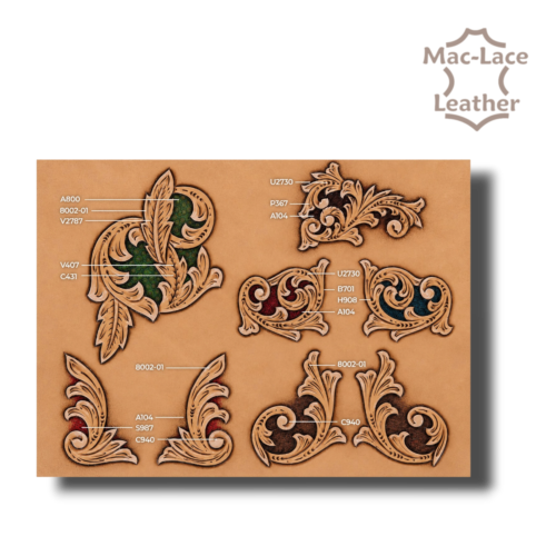 MakerAid Corner Designs #2 translucent template with scroll, leaf and feather motifs for leathercraft