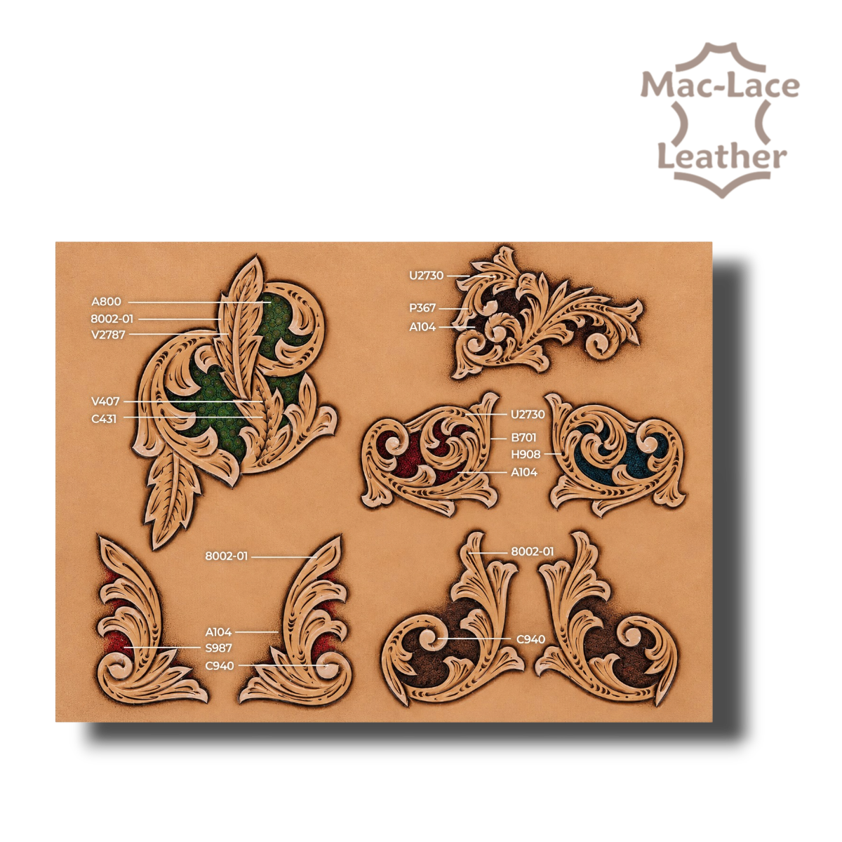 MakerAid Corner Designs #2 translucent template with scroll, leaf and feather motifs for leathercraft