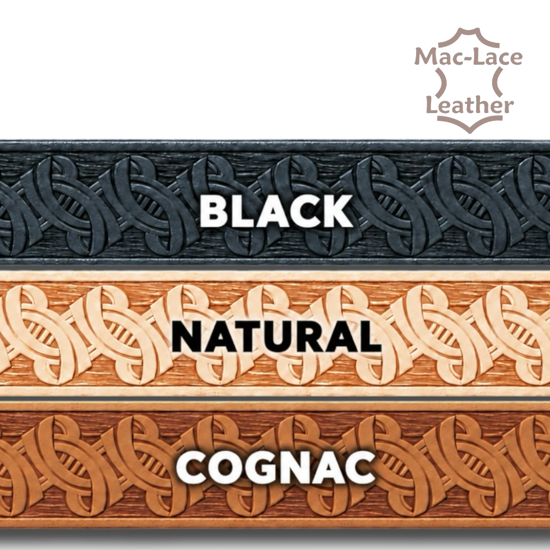 Embossed Celtic leather belt blanks in Black, Natural and Cognac