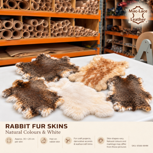 Rabbit fur skins in natural colours and white arranged with their full outlines visible