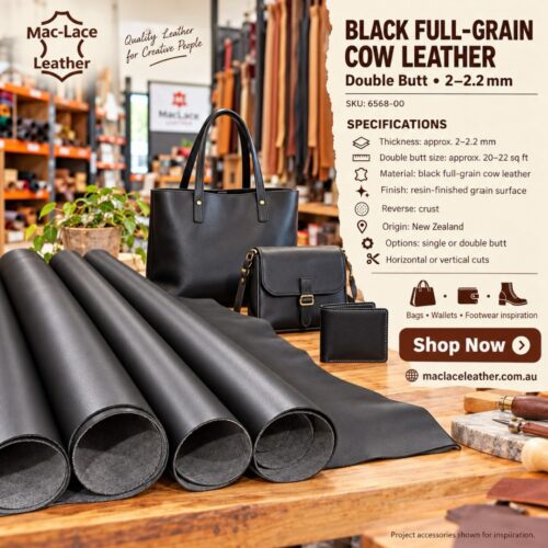 2–2.2mm black full-grain double butt cow leather with a resin-finished surface and crust reverse
