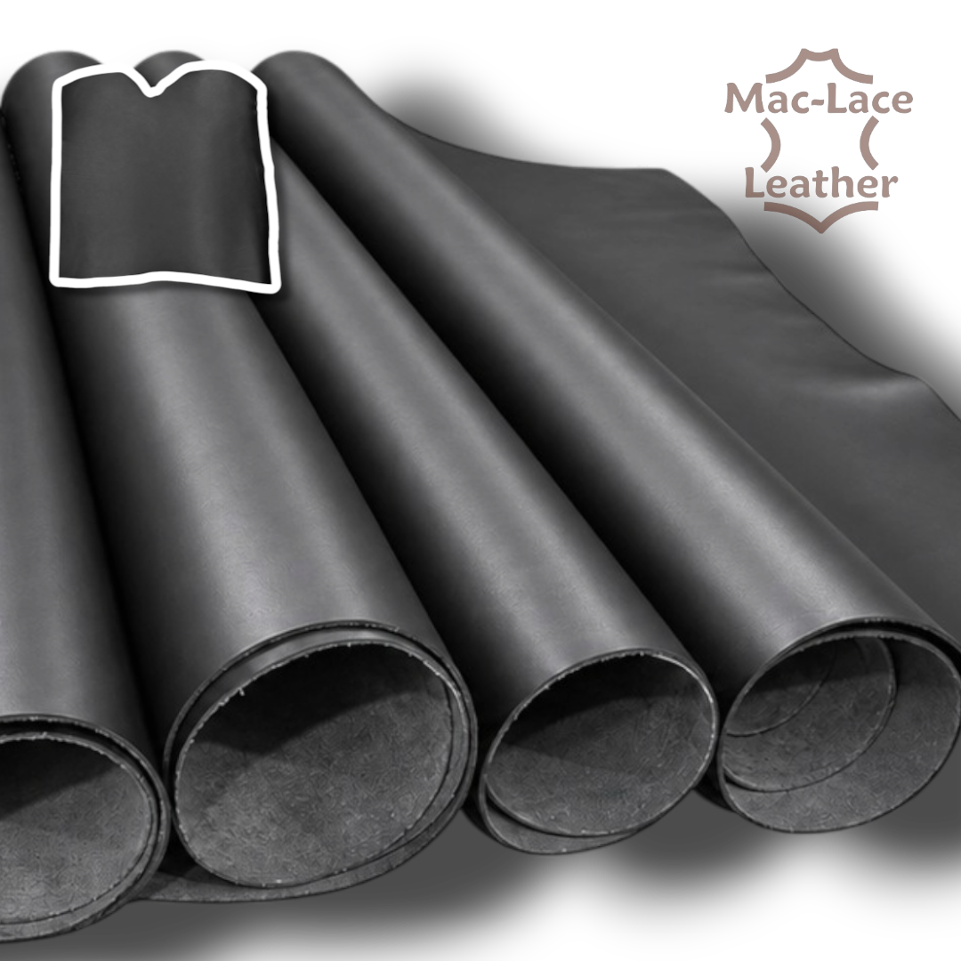 2–2.2mm black full-grain double butt cow leather with a resin-finished surface and crust reverse