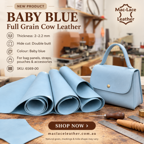 Rolled baby blue full grain double butt cow leather, 2–2.2mm thick
